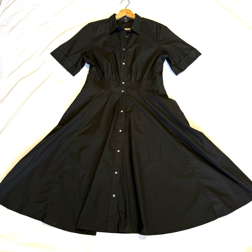 J. Crew Black Button-Front Midi Shirt Dress Cotton Short Sleeves Sz 8 Modest